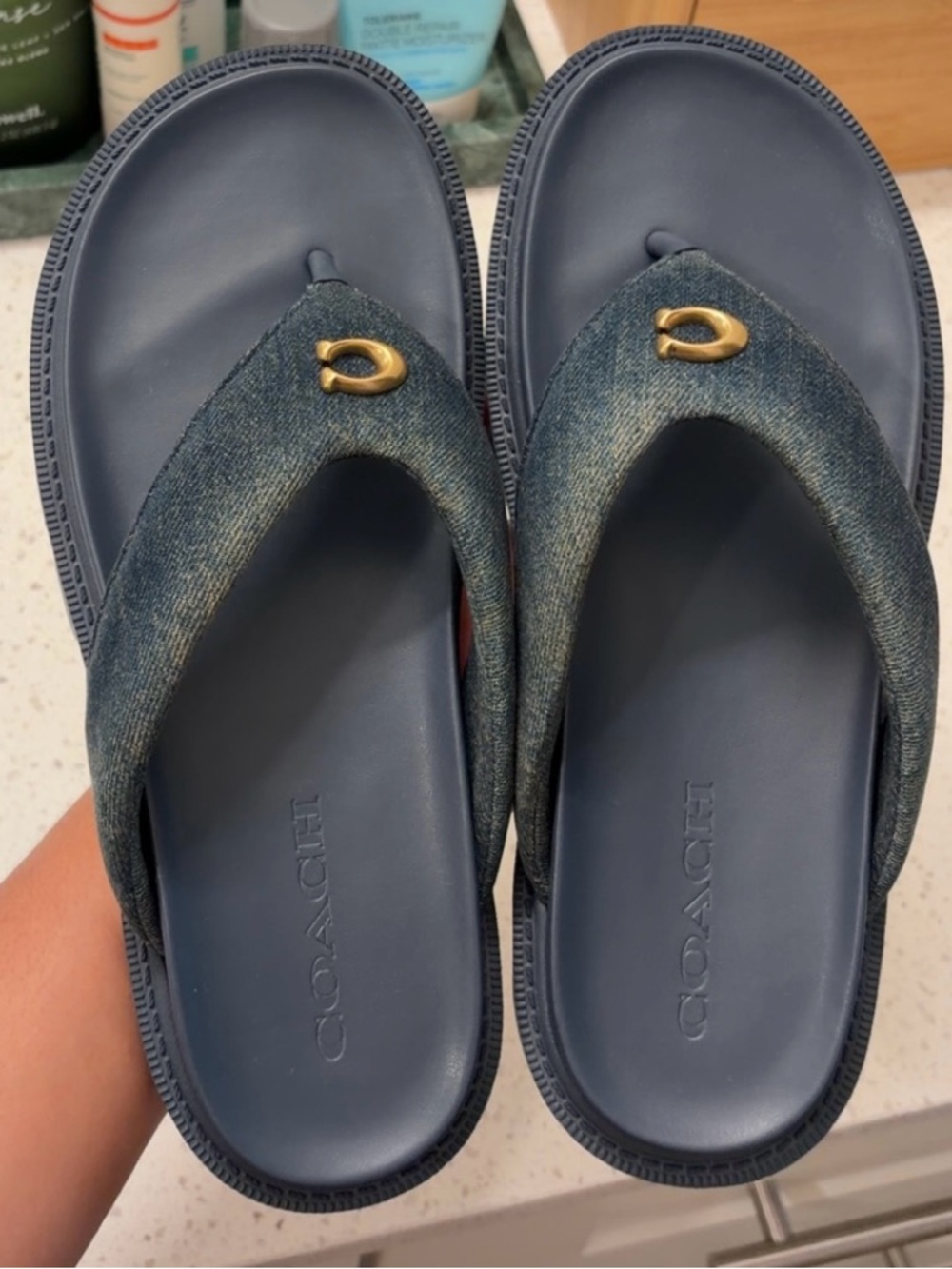 Coach Denim Navy Blue Slide Sandals with Gold Accent